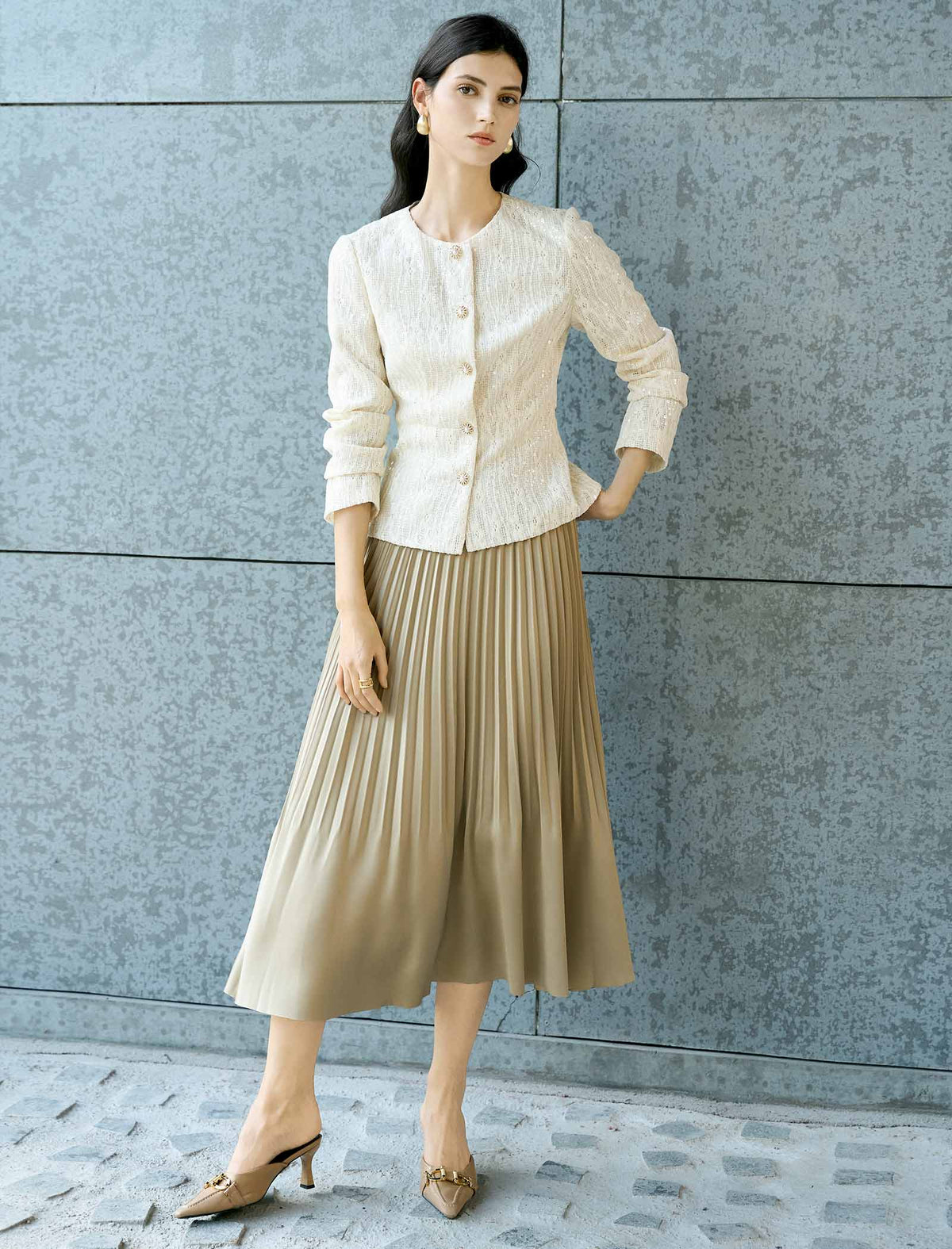 Camel Satin Pleated Midi Skirt