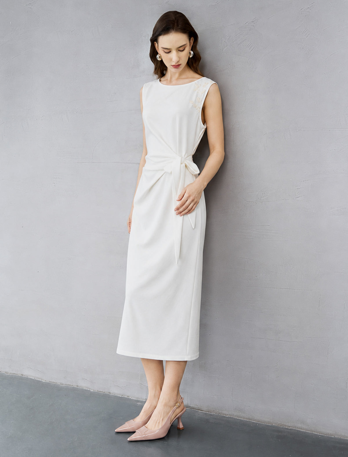 Hand-Embroidered Beaded Sleeveless Midi Sheath Dress