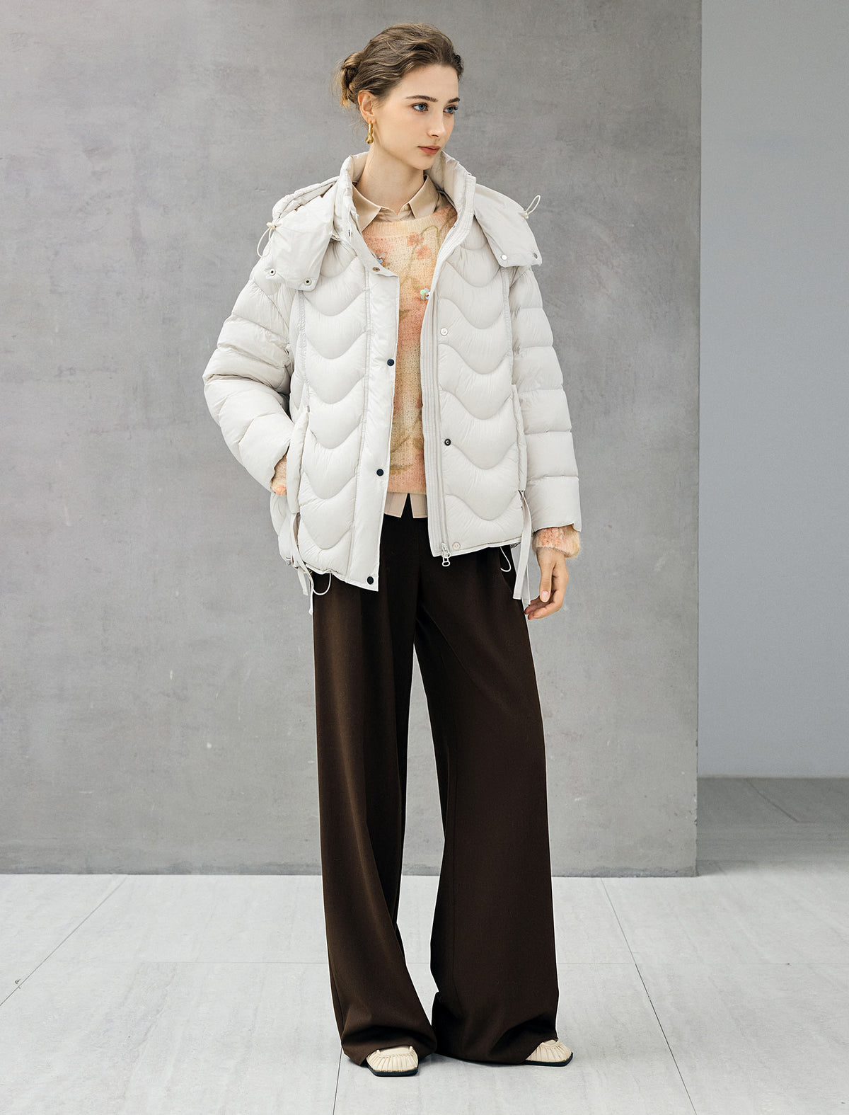 Wave-Quilted Hooded Drawstring Cropped Puffer Jacket