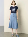 Paneled Soft Denim High-Waisted Midi Skirt