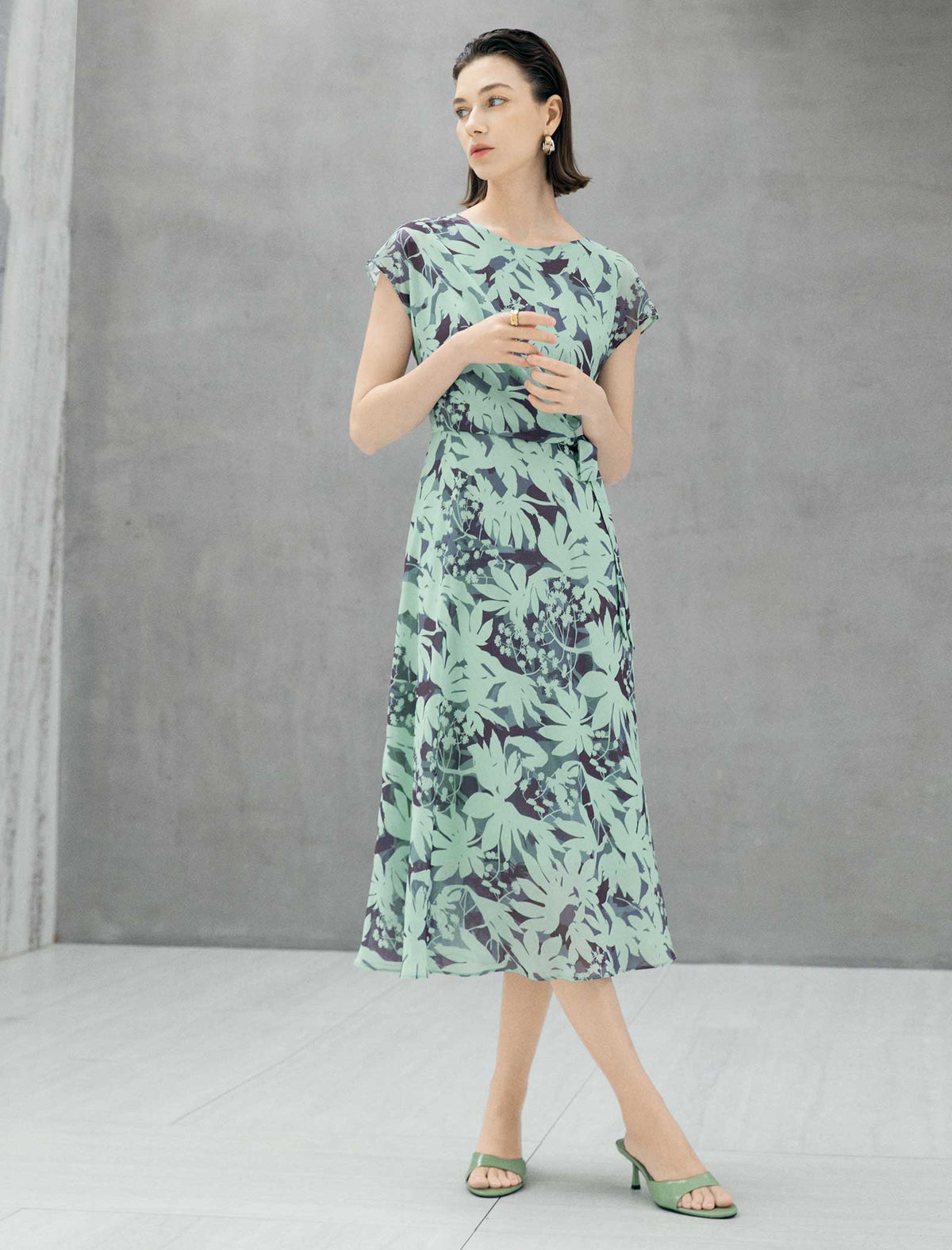 Mint Green Leaf Print Tie Waist Midi Dress