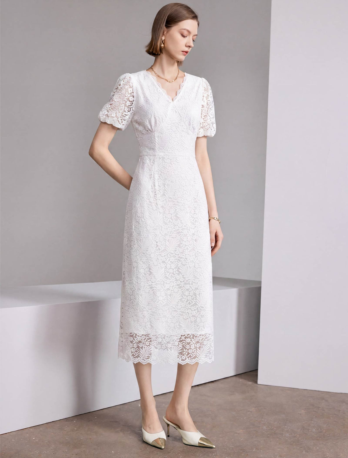 Lace Floral V-Neck Puff Sleeve Midi Dress
