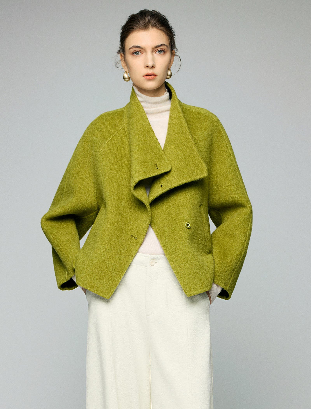 Wool Blend Ruched-Lapel Raglan-Sleeve Cropped Jacket