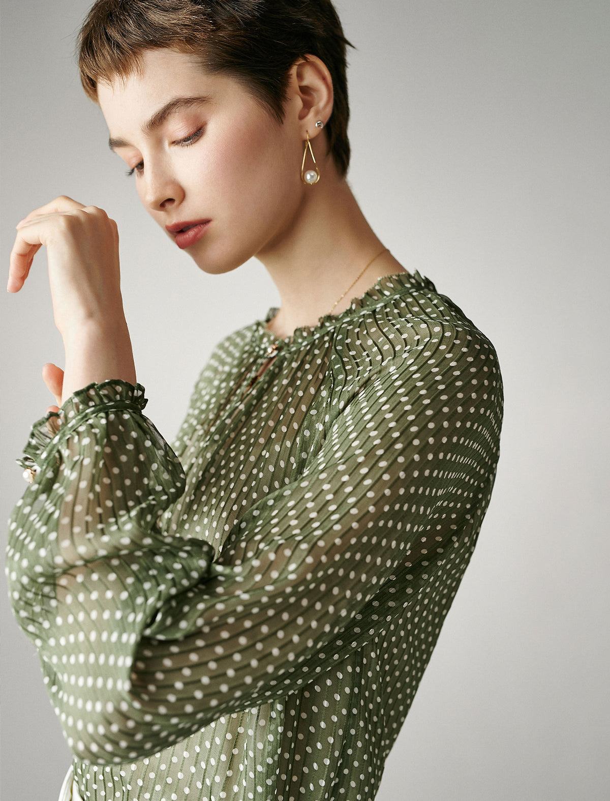 Chiffon Polka Dot Lantern Sleeve Blouse