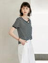 Striped V-Neck Short Sleeve Knit Top