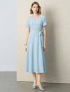 V Neck Wrap Tie Waist Short Sleeve Midi A-Line Dress