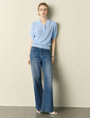 Puff Sleeve Polo Knit Top with Embroidery