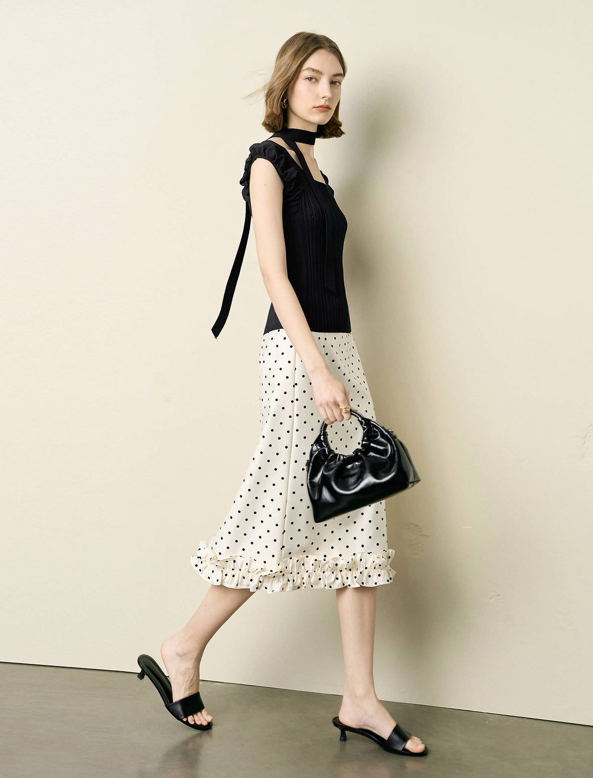 Polka Dot Ruffle Hem Midi Skirt