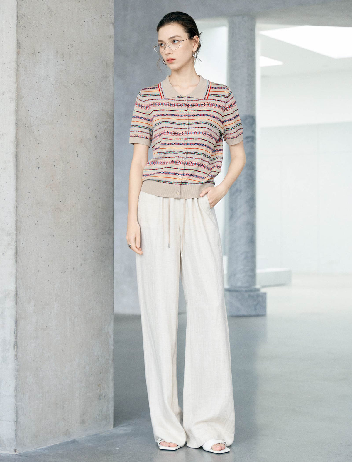 Vintage Striped Collared Short Sleeve Knit Cardigan Top