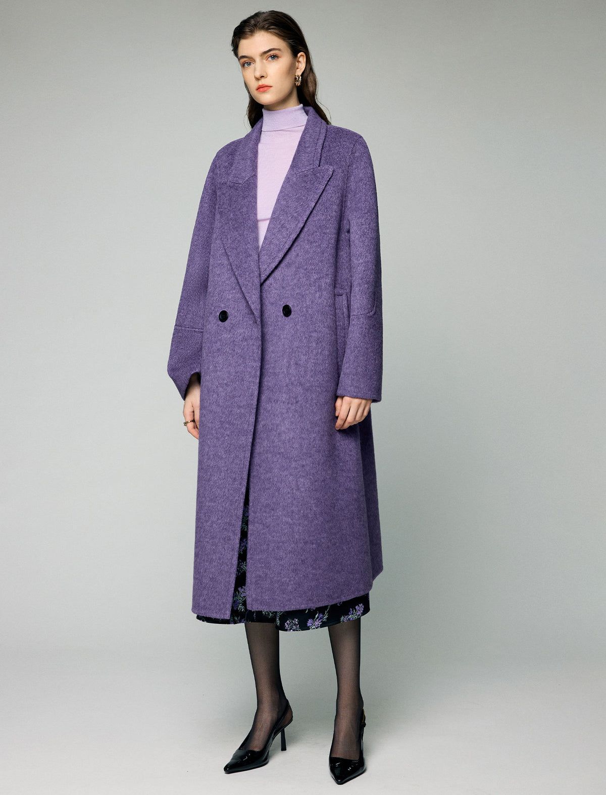 Wool Blend Notched-Lapel Double-Breasted Relaxed Long Coat