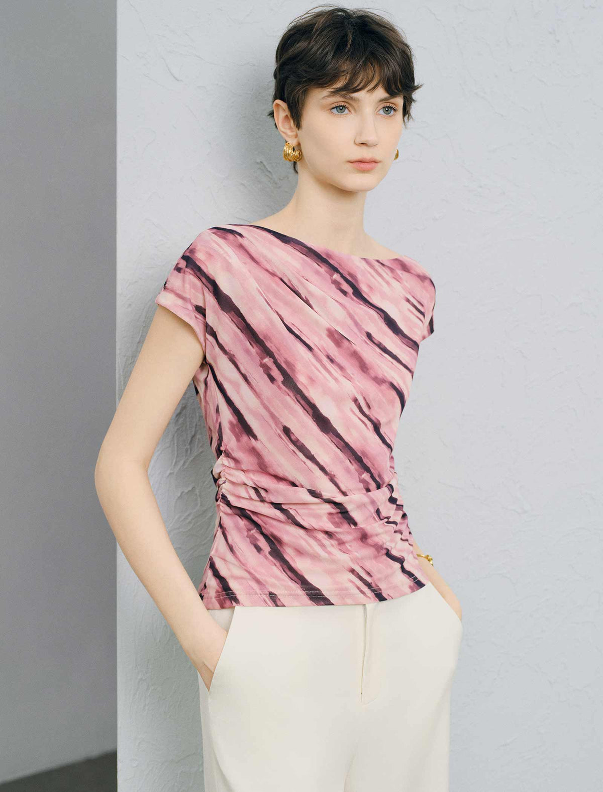 Pink Abstract Print Ruched Waist Top