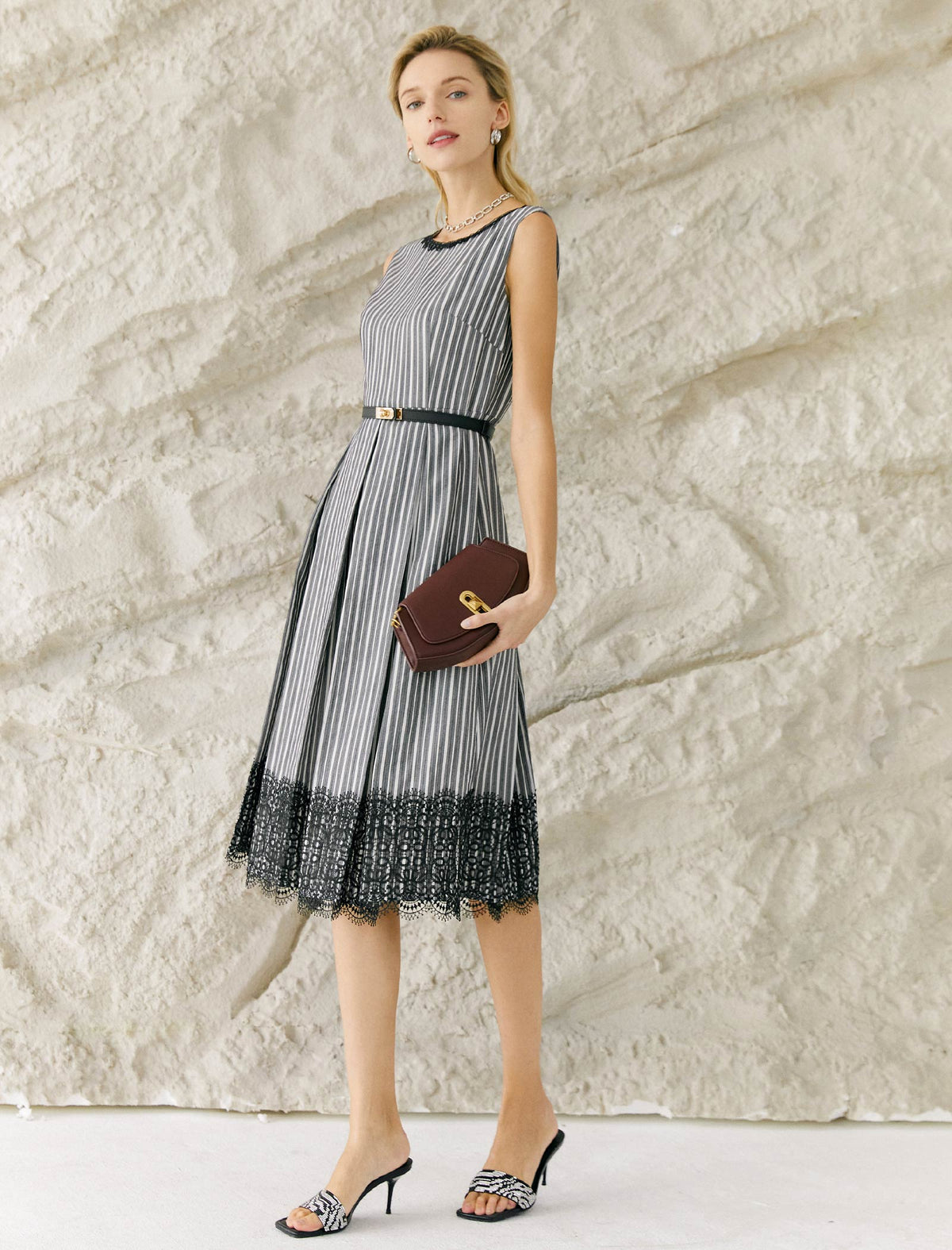 Striped Sleeveless Belted Dress