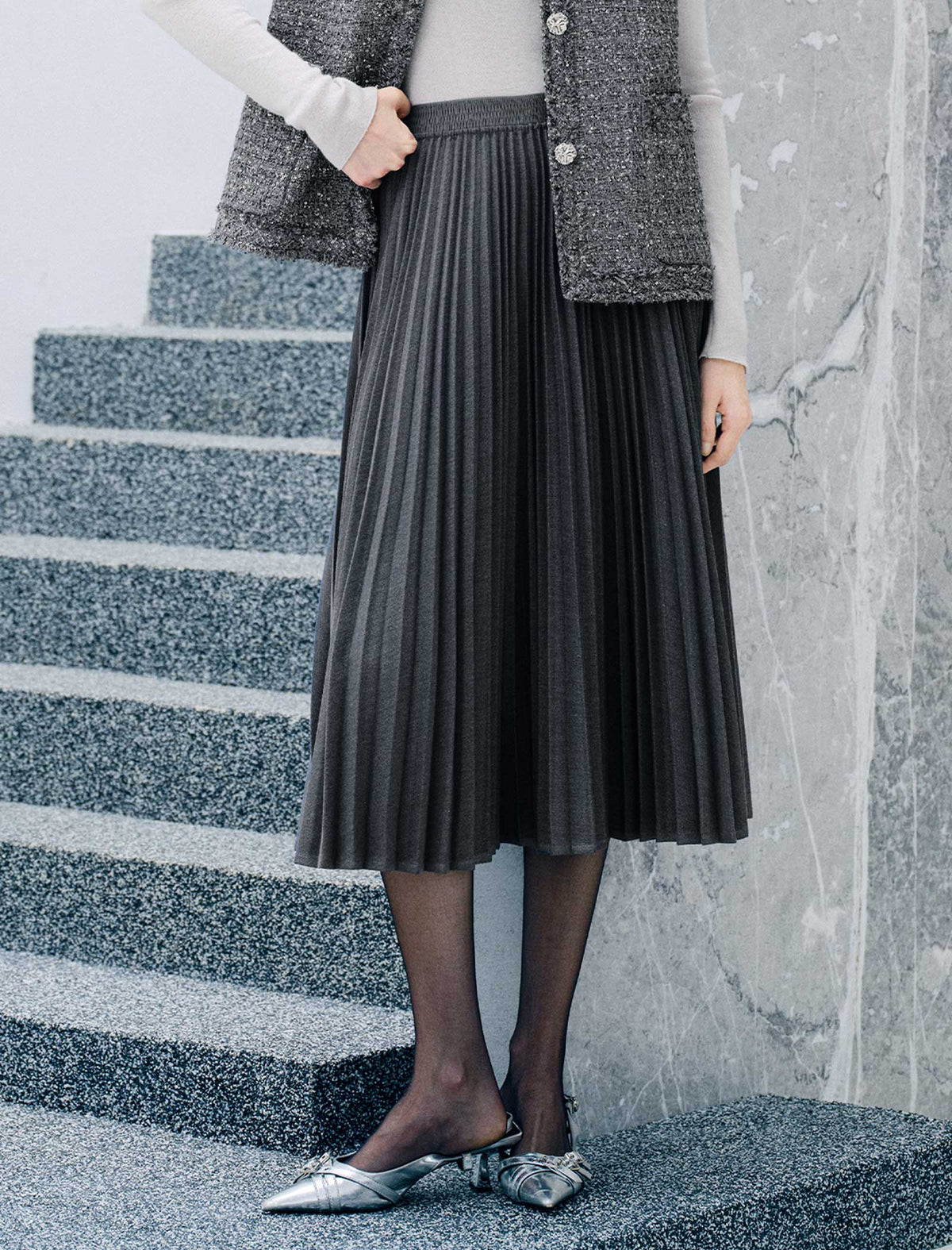 Pleated A Line Midi Skirt