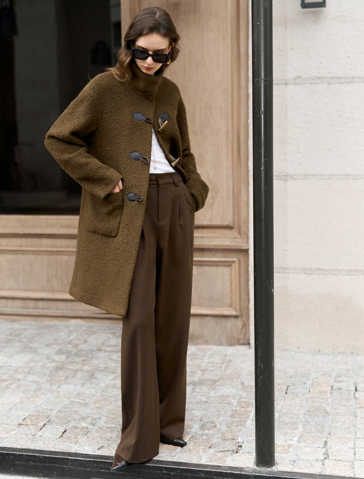 Brown Wool-Blend Toggle Coat