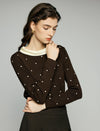 Wool Blend Polka Dot Contrast-Collar Fitted Top