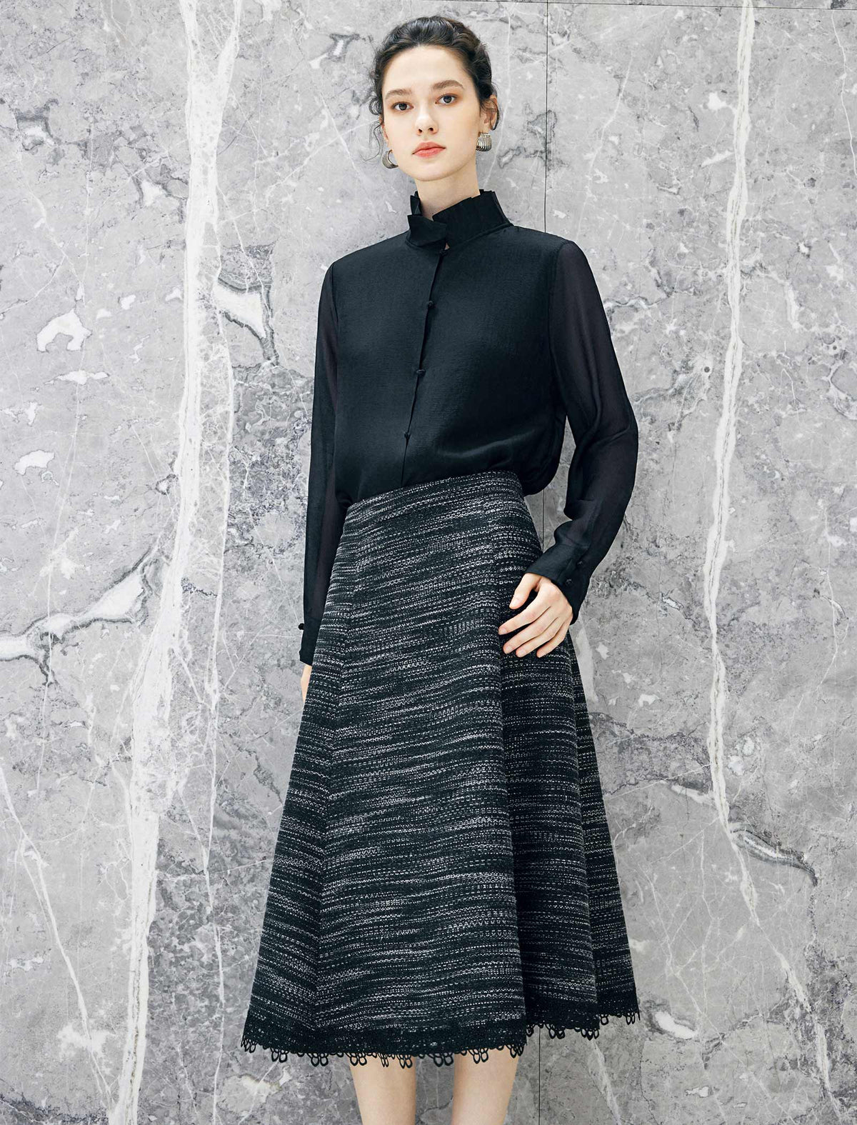 High Waist Lace‑Trim A‑Line Midi Skirt
