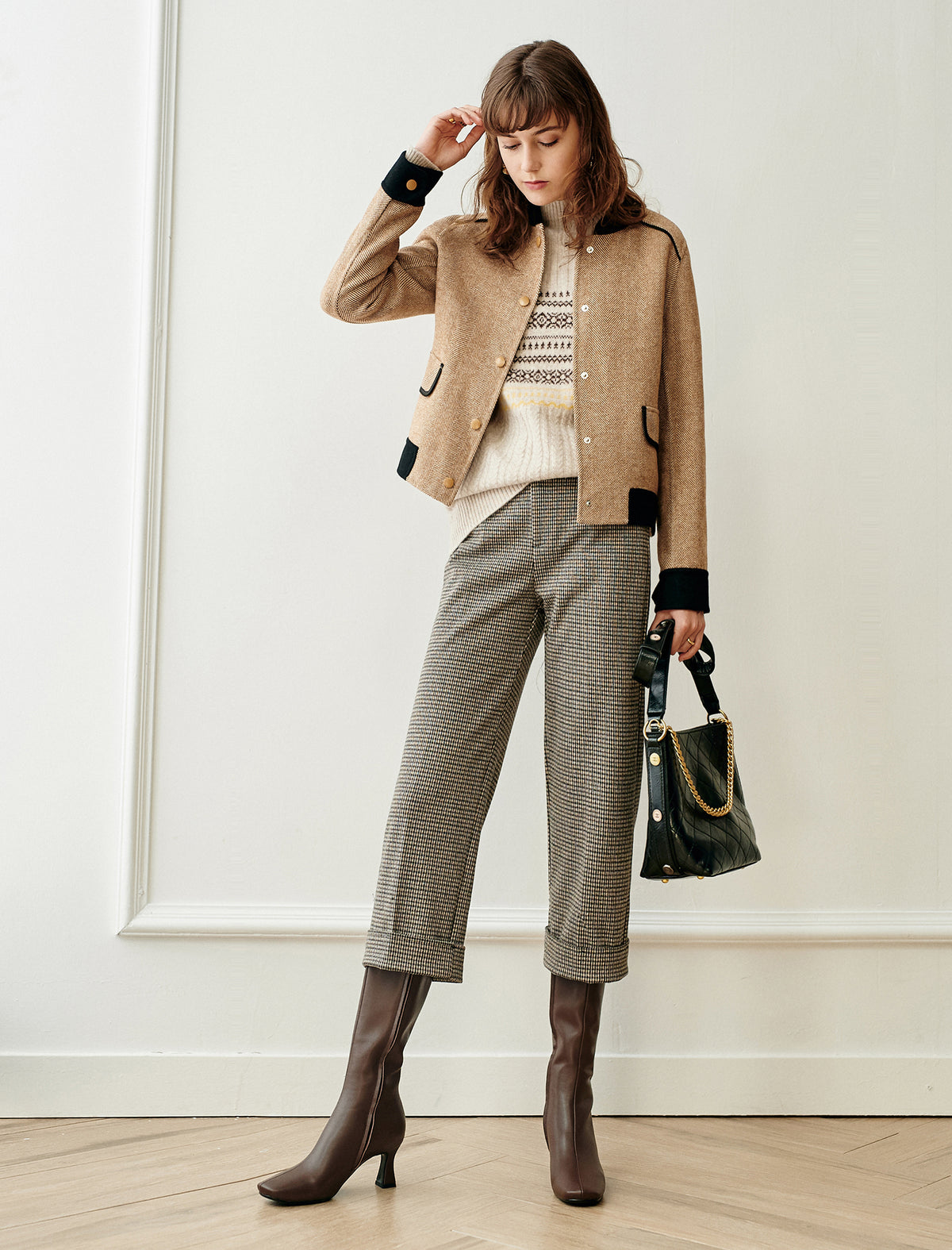 Wool Blend Herringbone Stand-Collar Relaxed Jacket