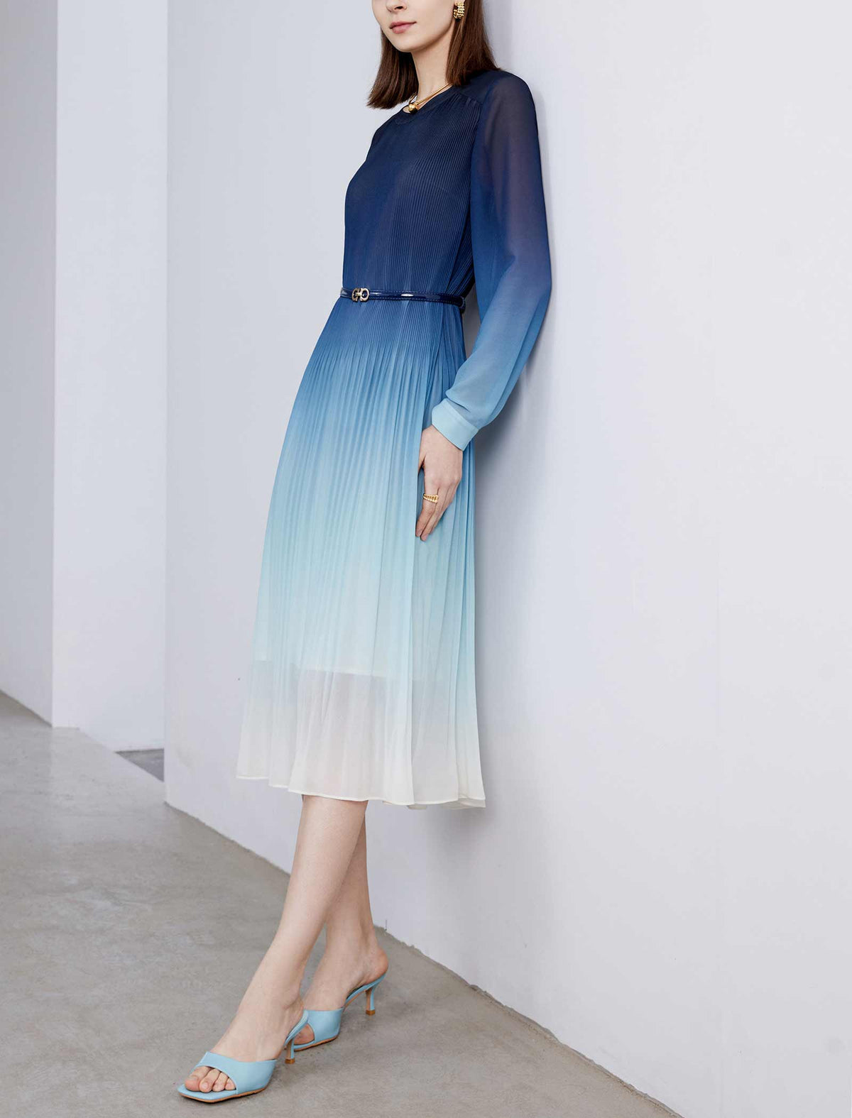 Blue Ombre Pleated Midi Dress
