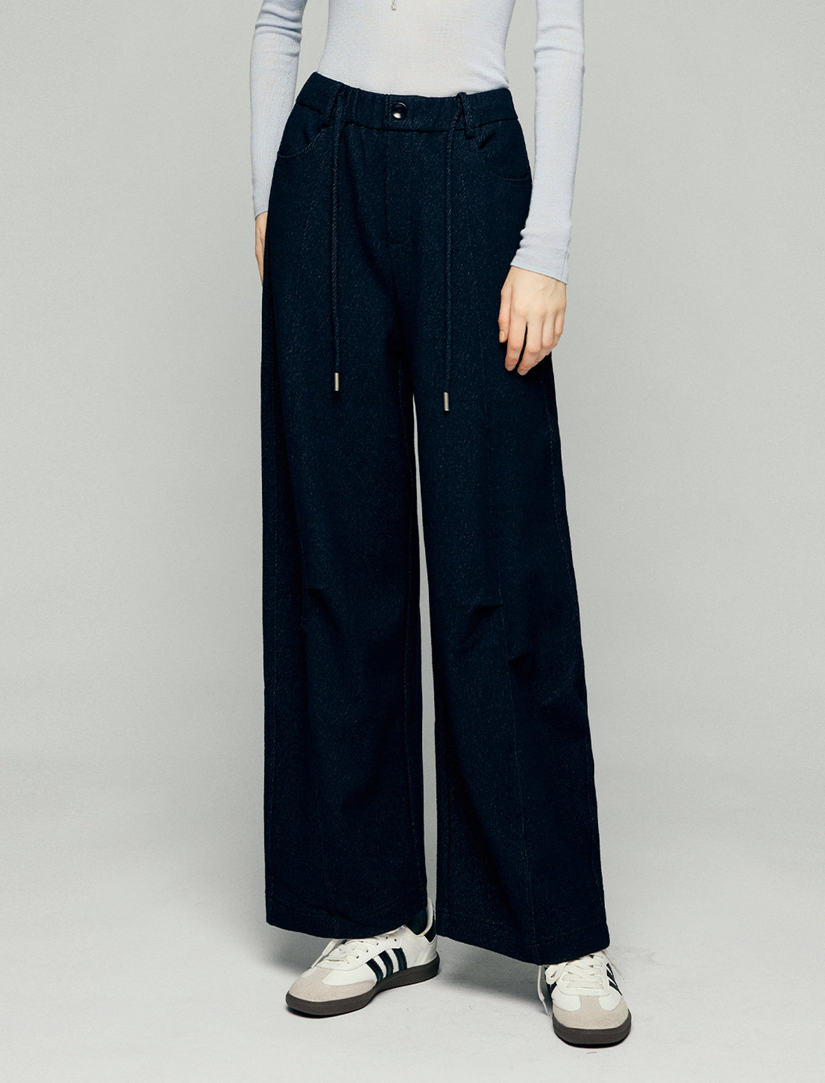 Wool Blend Drawstring Pleated Pocket Wide-Leg Pants