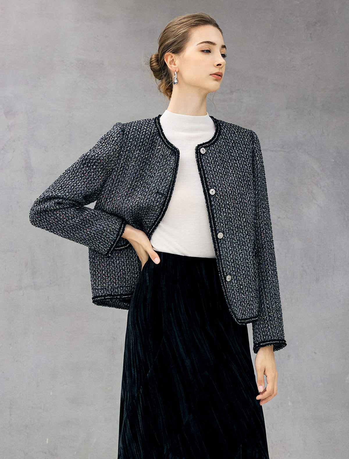 Wool Blend Braided-Trim Crewneck Pearl-Button Cropped Jacket