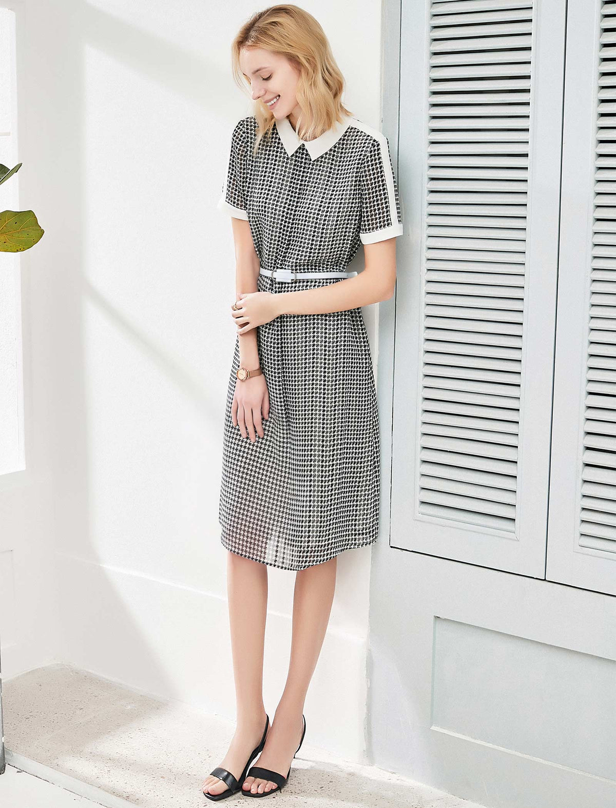 Houndstooth Chiffon Contrast Collar Midi Shirt Dress