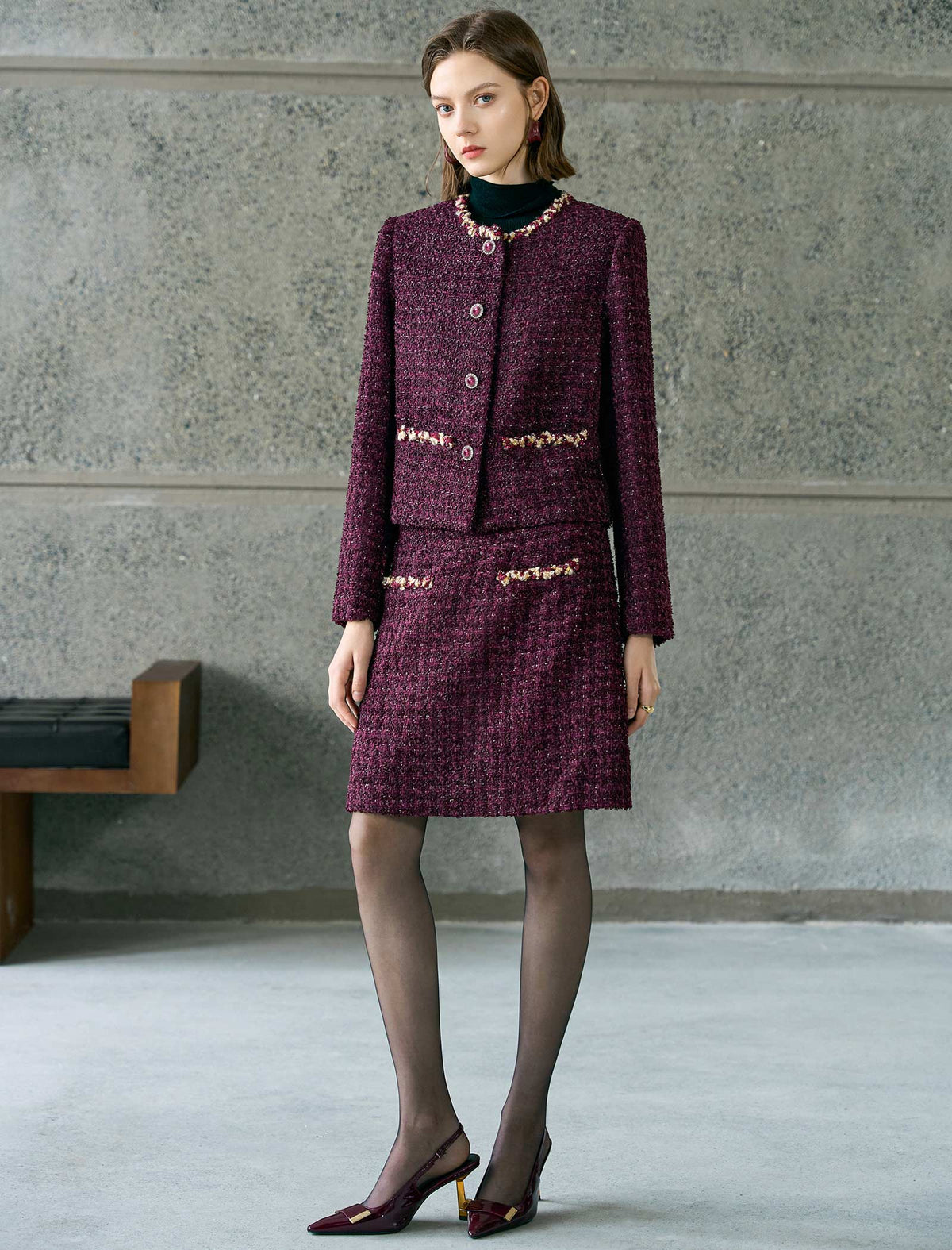 Burgundy Tweed Embellished Detail Jacket