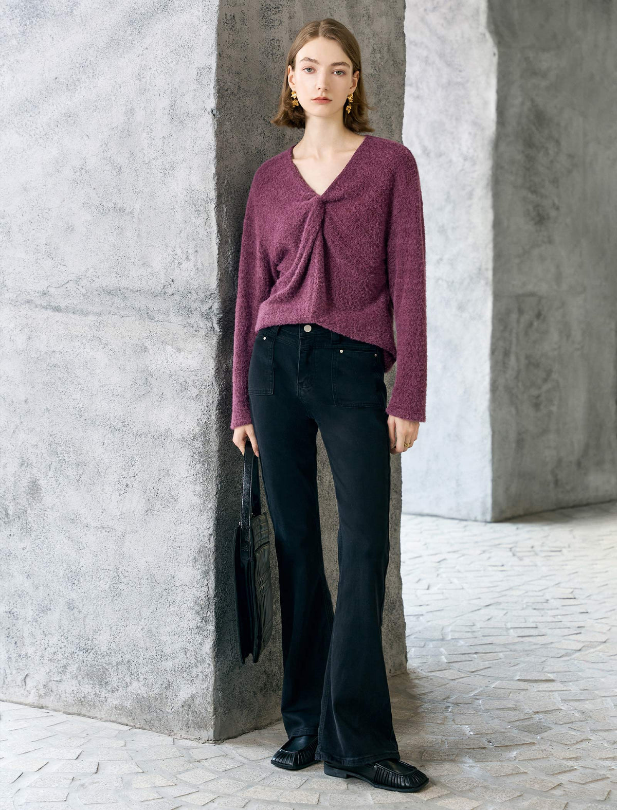 Detachable Scarf-Neck Fuzzy Knit Sweater