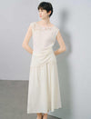 Ivory High Waist Lace Flowy Chiffon Midi Skirt