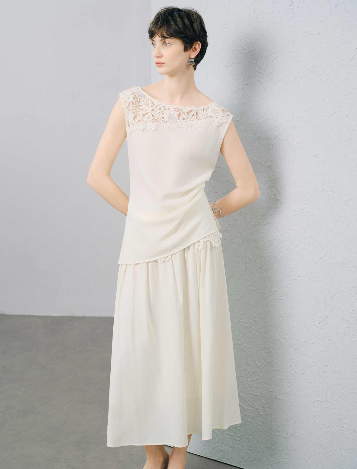 Ivory High Waist Lace Flowy Chiffon Midi Skirt