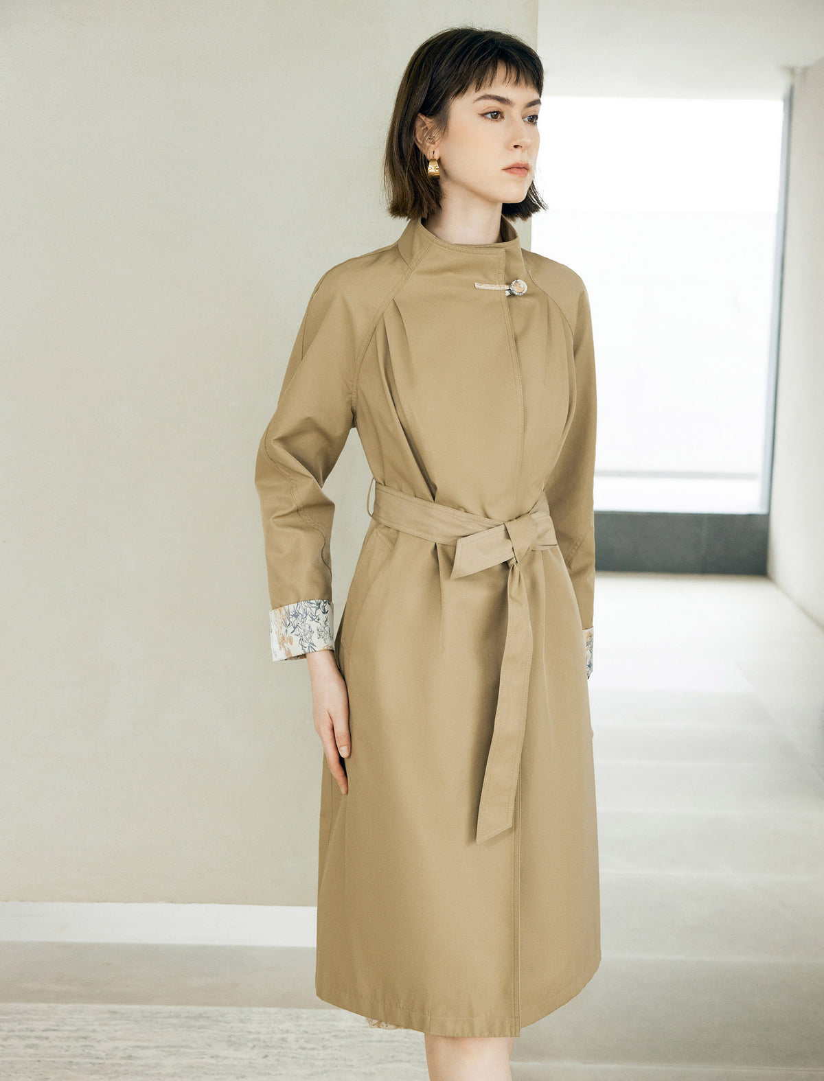 Floral Cuff Stand-Up Collar Belted Trench Coat