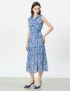 Blue Floral Sleeveless Wrap Midi Dress