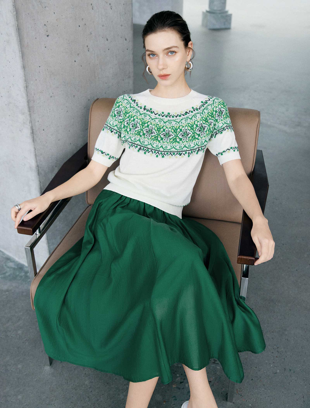 Fair Isle Pattern Short Sleeve Knit Top