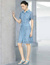 Light Blue Floral Lace Collared Short Sleeve Shirt Midi Dress