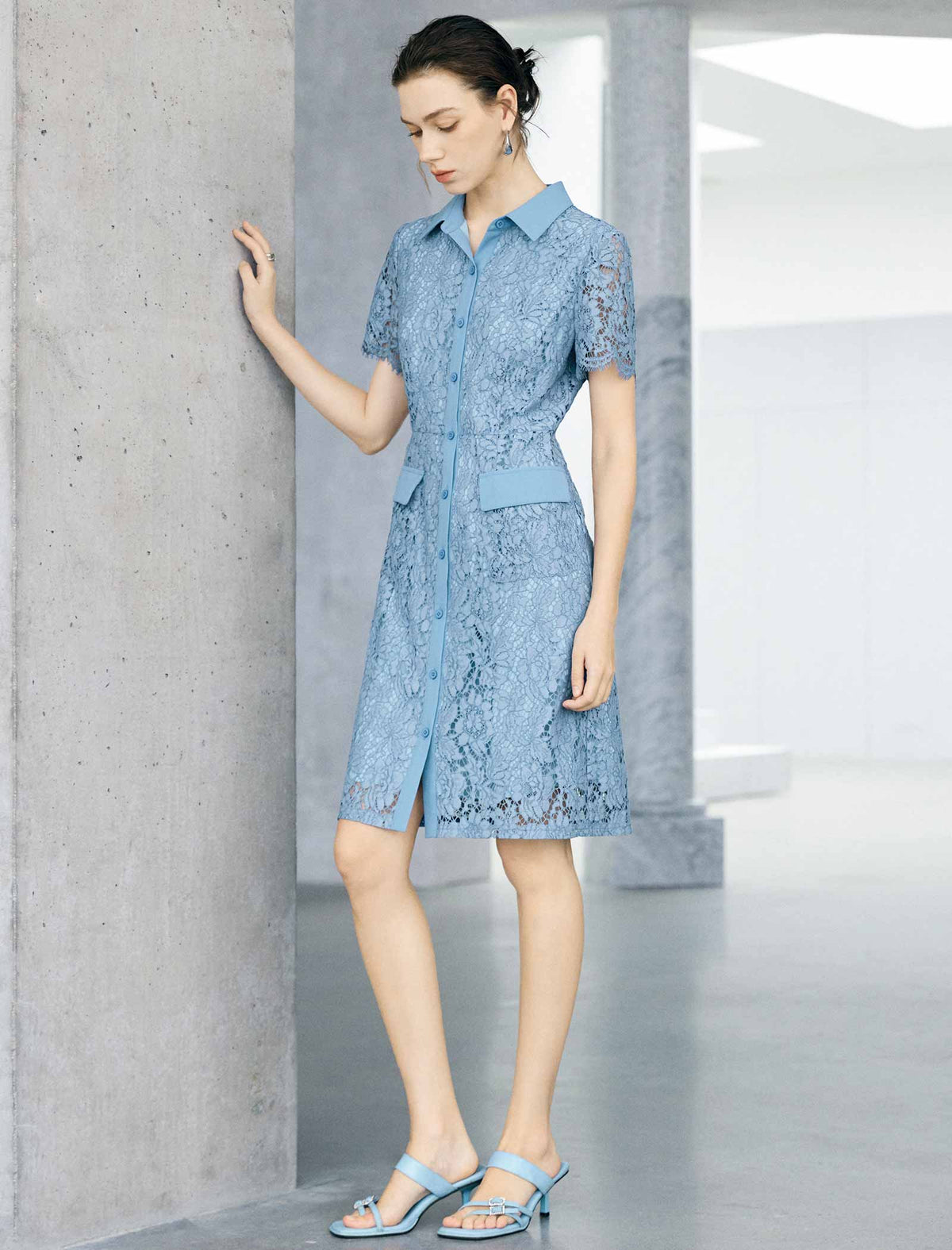 Light Blue Floral Lace Collared Short Sleeve Shirt Midi Dress