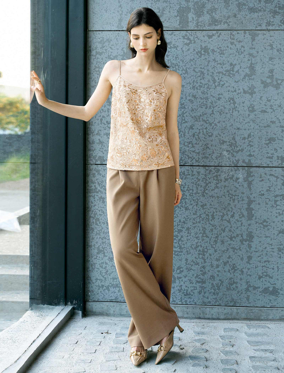 Champagne Sequin Embroidered Camisole