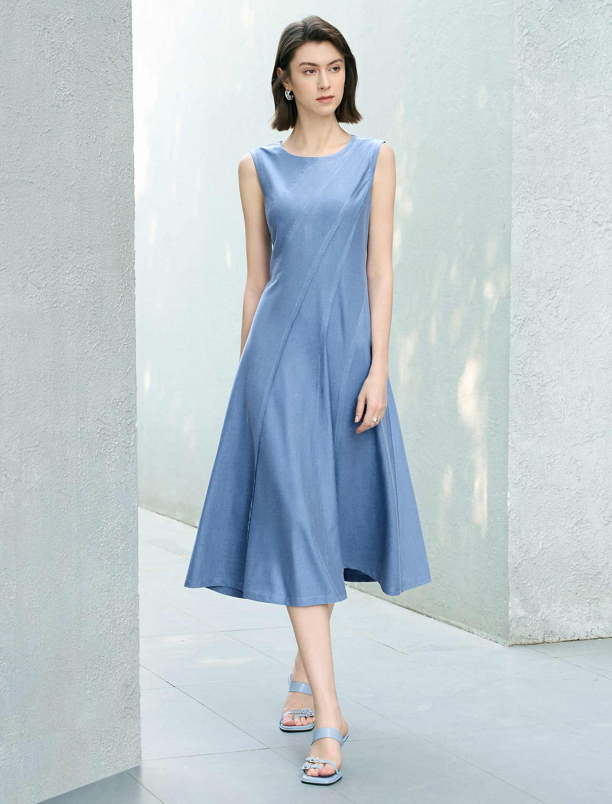 Solid Waist-Cinched A-Line Sleeveless Dress