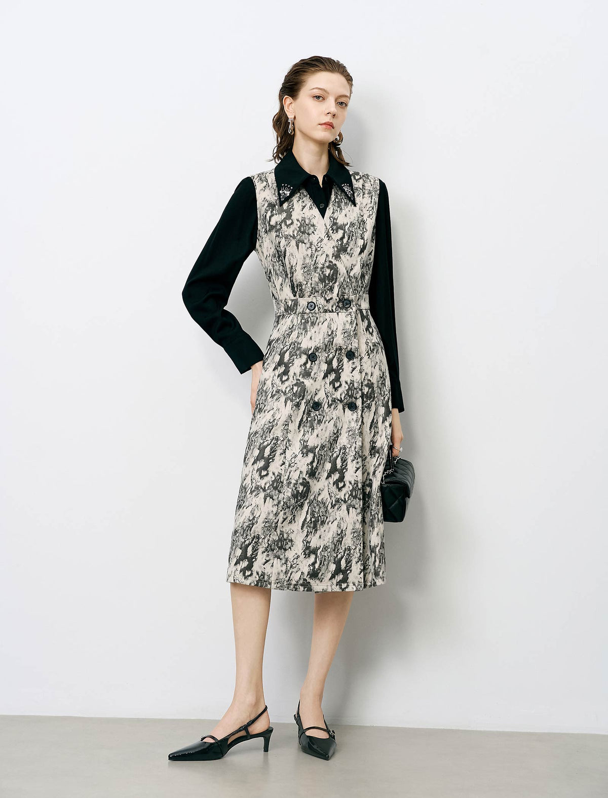Abstract Print Embellished Collar Double-Breasted Midi Dress