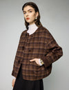 Wool Blend Plaid Crewneck Frog-Button Cropped Jacket