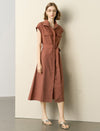 Zip-Up Collared Cap-Sleeve Belted Shirt Dress