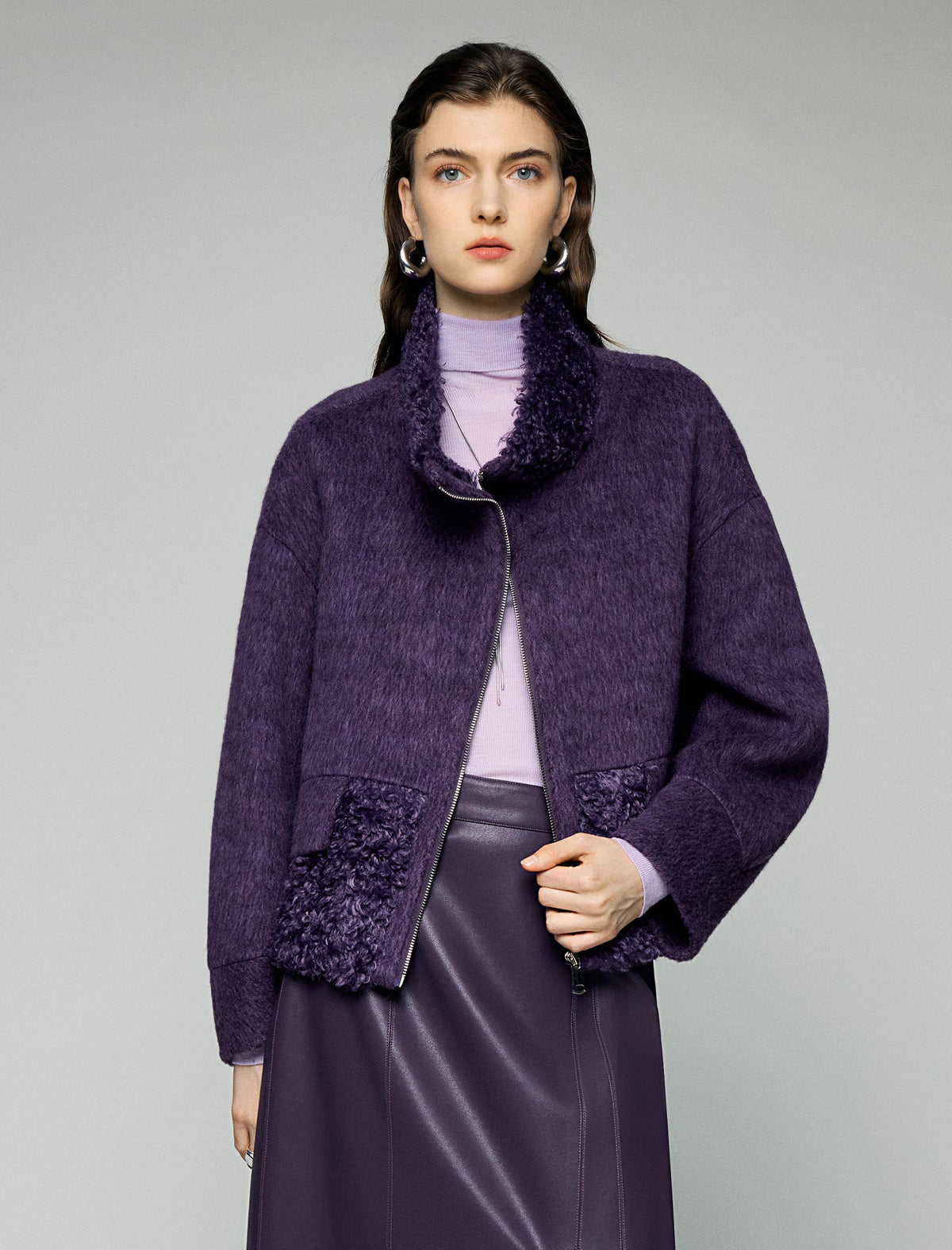 Wool Blend Contrast-Panel Stand-Collar Zip-Front Cropped Jacket
