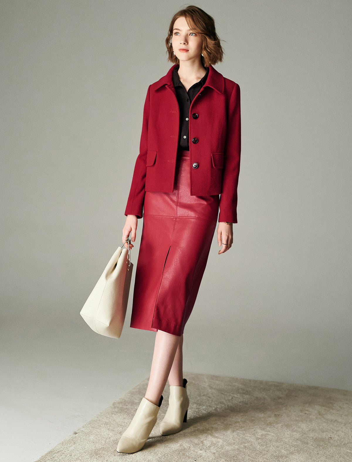 Wool Blend Textured Collared Button-Front Jacket