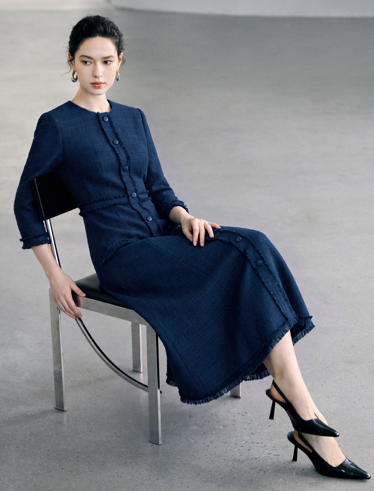 Dark Navy Fringe Trim Midi Dress