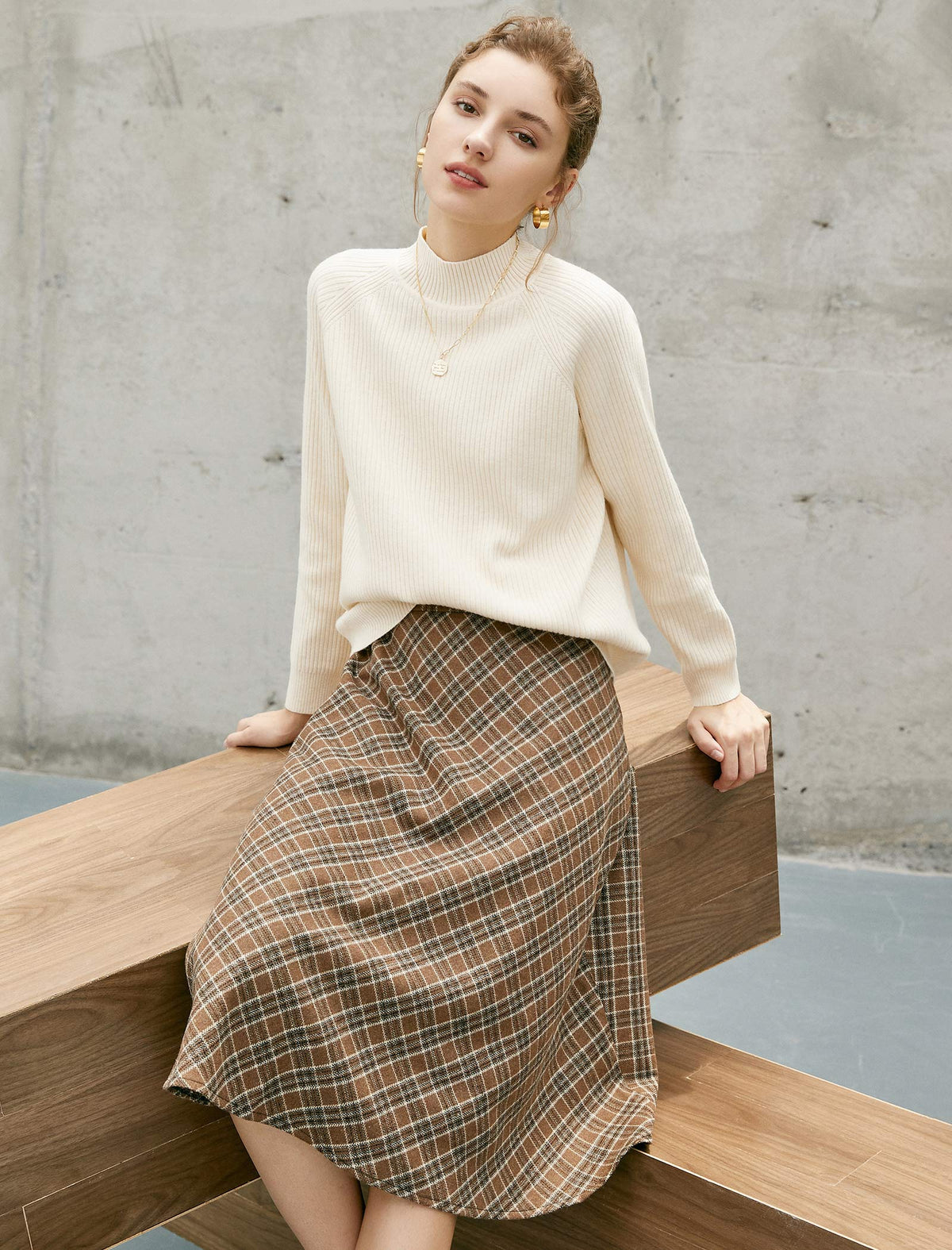 Wool Blend Plaid Relaxed A-Line Skirt