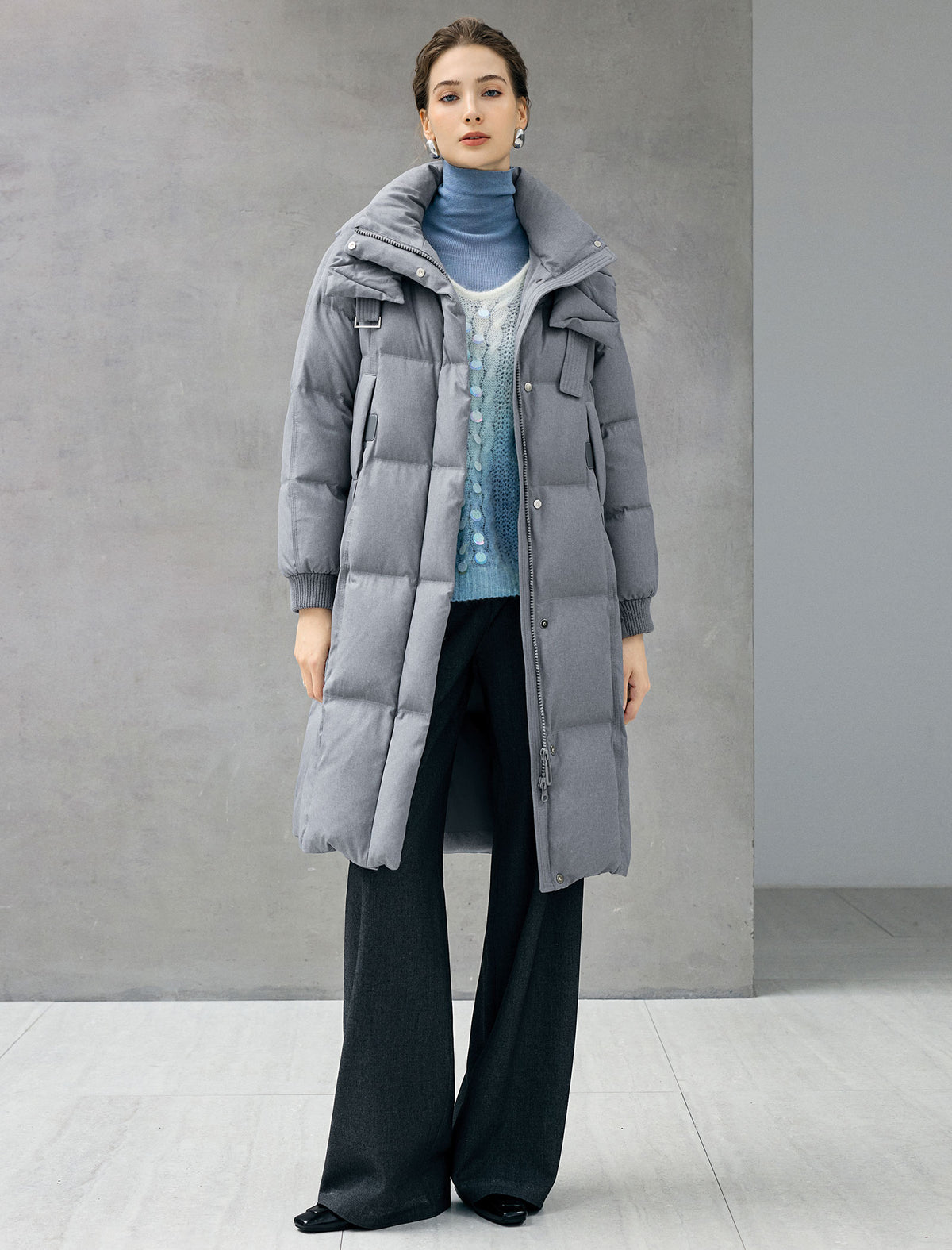 Hooded Quilted Zip-Front Ribbed-Cuff Long Puffer Coat