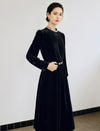 Velvet-Trim Crewneck Fitted Dress