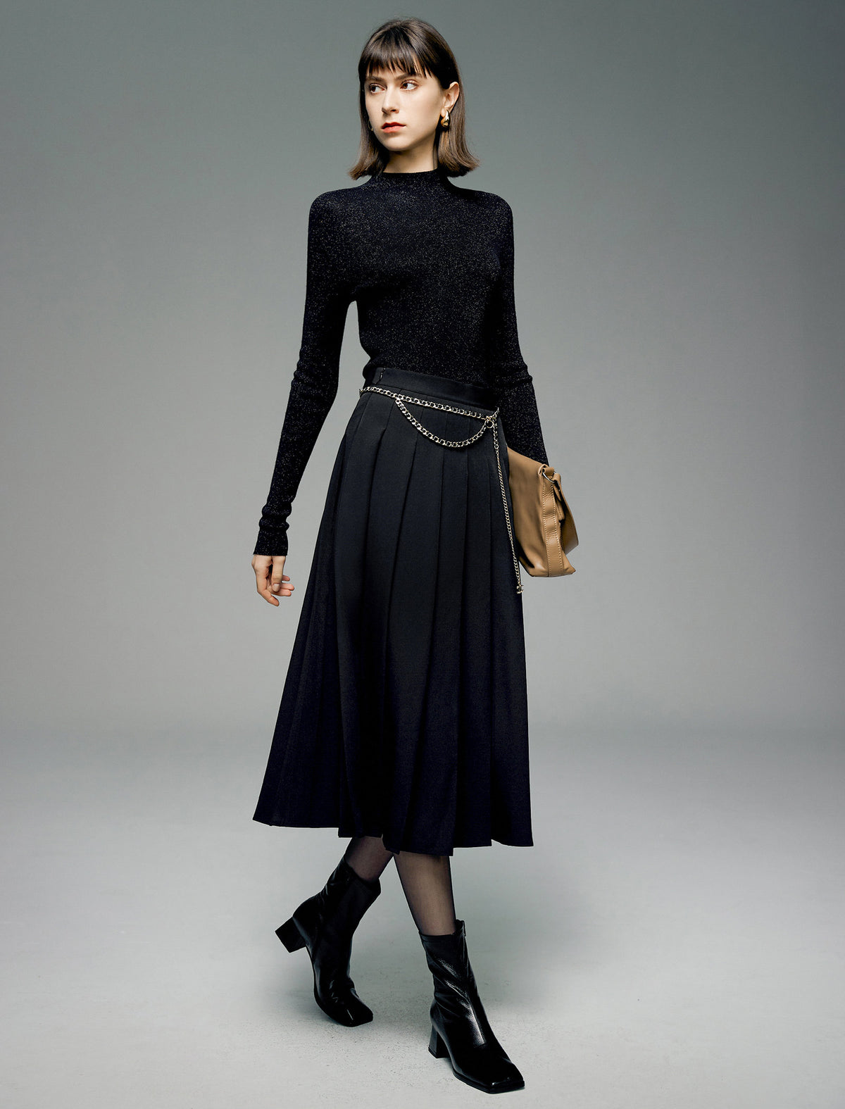 Pleated A-Line Midi Skirt