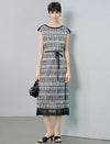 Striped Textured Lace-Hem Midi Dress