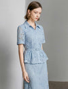 Light Blue Lace Peplum Button-Down Blouse