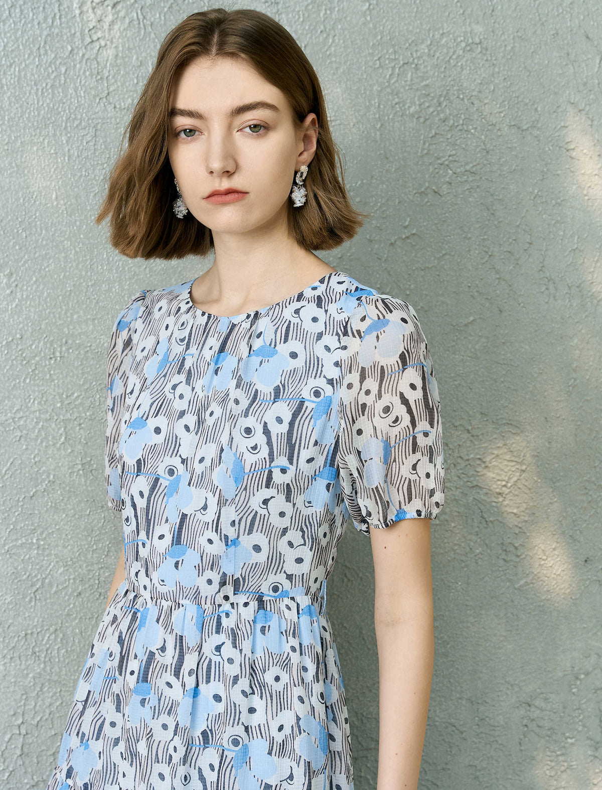 Chiffon Blue Floral Tiered Midi Dress