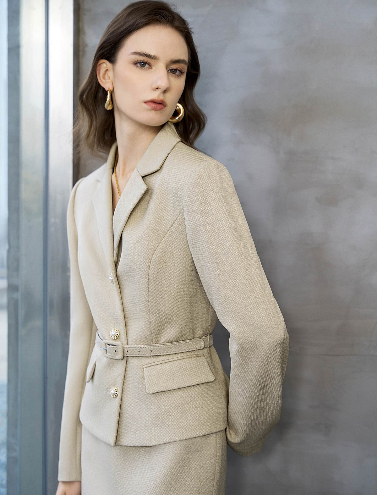 Champagne Textured Belted Blazer